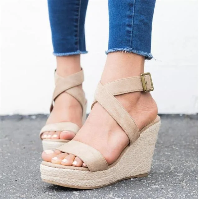 Woman Wedge Sandals Summer Pumps Cross-Tied High Heels Platform Shoes