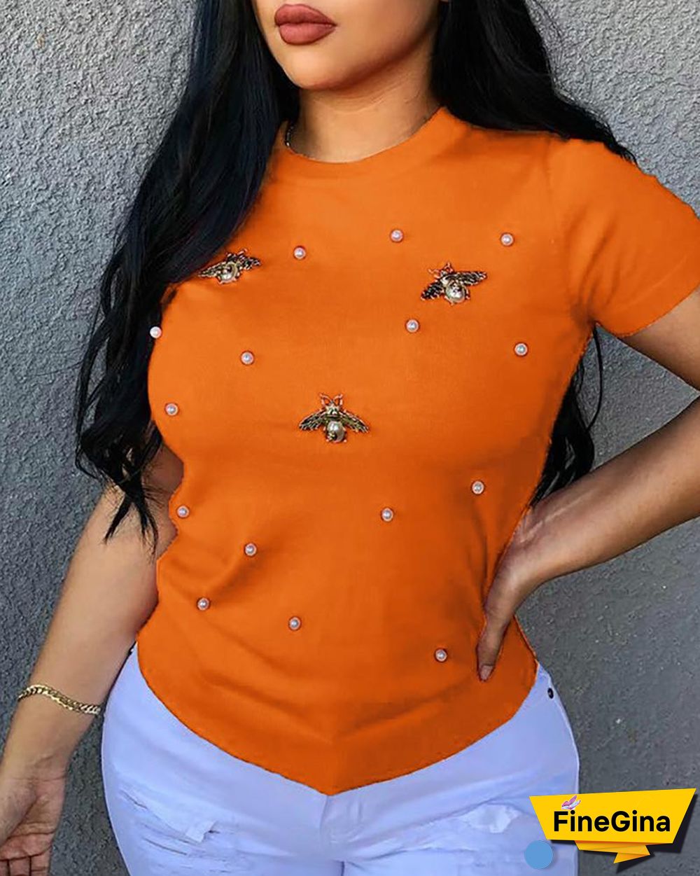 Beaded Detail Short Sleeve T-Shirt P10177