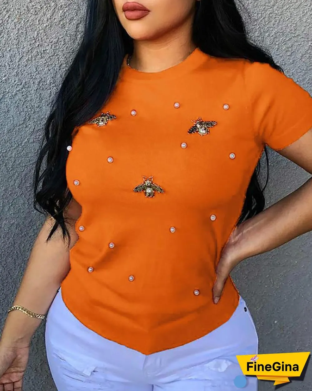 Beaded Detail Short Sleeve T-Shirt P10177