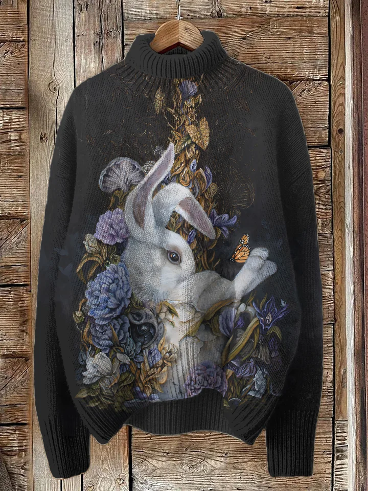 Women's White Rabbit And Teacup Art Print High Neck Knit Sweatshirt