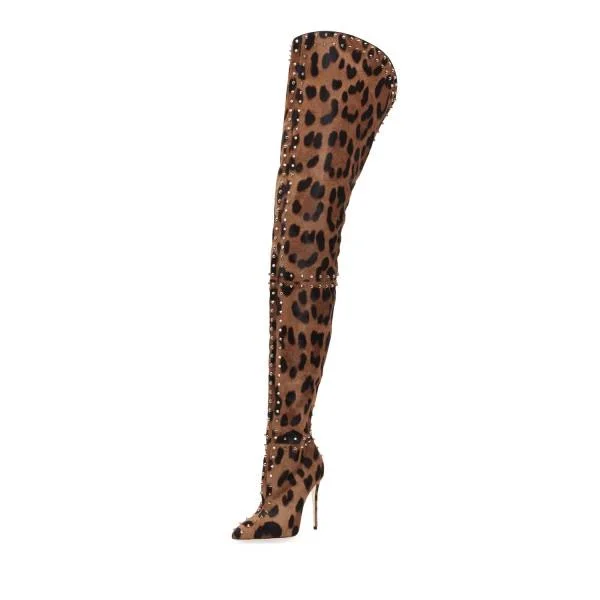 Leopard Print Boots Rivets Embellished Stiletto Heel Thigh High Boots