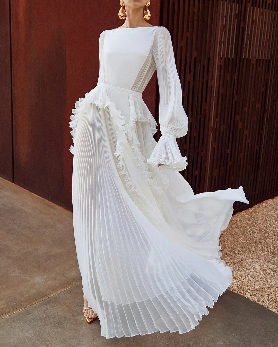 Women's White Silk Pleated Maxi Dress