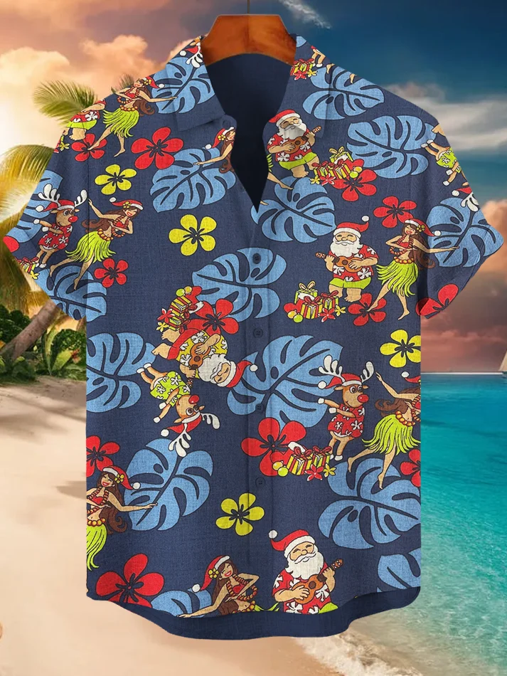 Men's Hawaii Santa Deer Leaf Graphic Print Short Sleeve Shirt