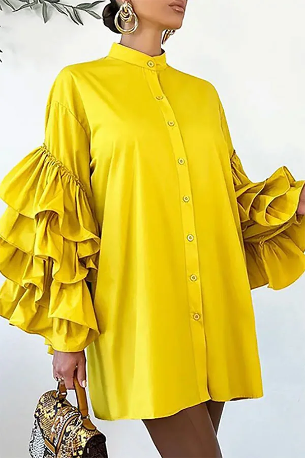 Yellow Sweet Tiered Sleeve Mini Dress
