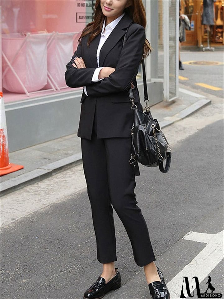 MidiSono - Women Business Interview Suit Uniform Slim Blazer And Pencil Pants