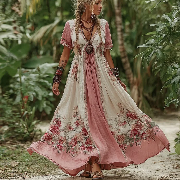 Women's Vintage Rose Floral Pattern V-neck Dress