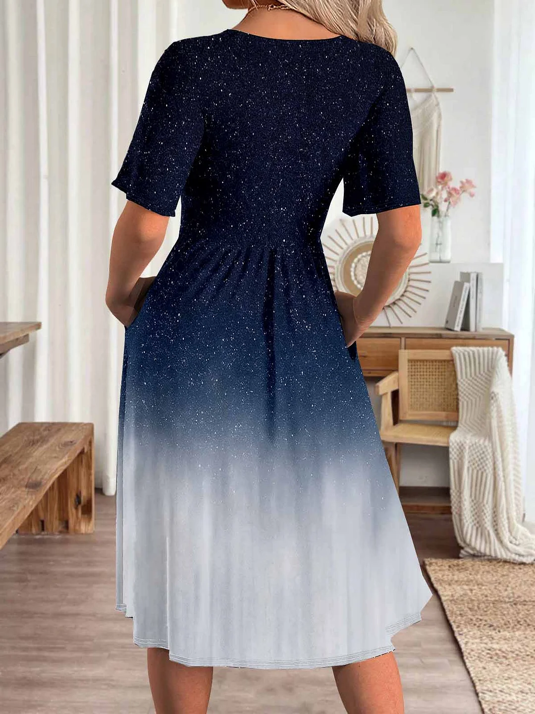 Women Polka Dot,Gradient,Blue DZHA8251 Short Sleeve Scoop Neck Graphic Printed Hollow Midi Dress