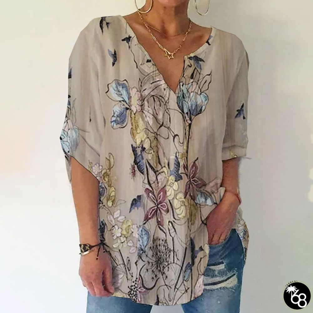 Retro Apricot Plant Print Short Sleeve V-Neck Top | 168DEAL