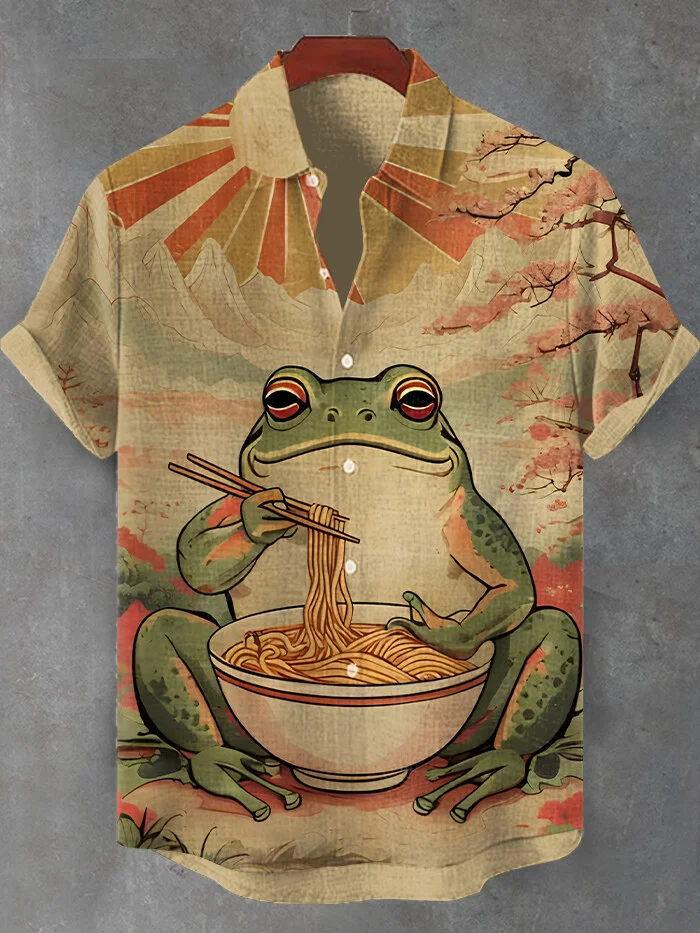 Men's Frog Eating Ramen Vintage Japanese Art Print Short Sleeve Shirt