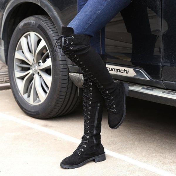 Women Fashion Low-Heeled Long Boots Over The Knee Boot Lace Up Thigh High Boots Flats Shoes - Life is Beautiful for You - SheChoic