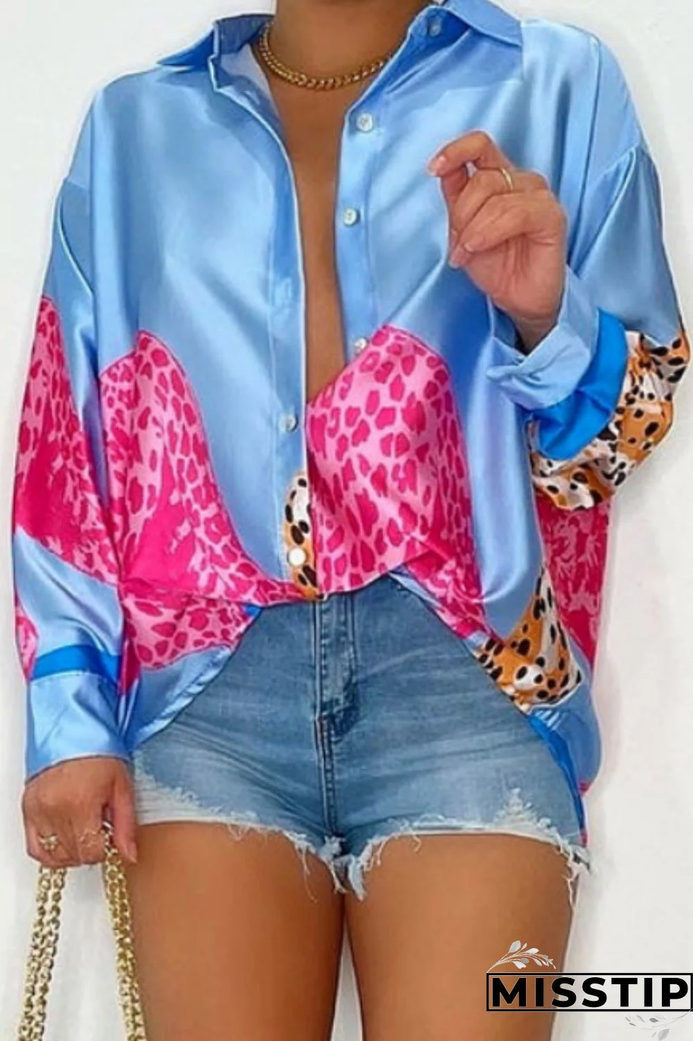 Blue Casual Print Patchwork Turndown Collar Tops