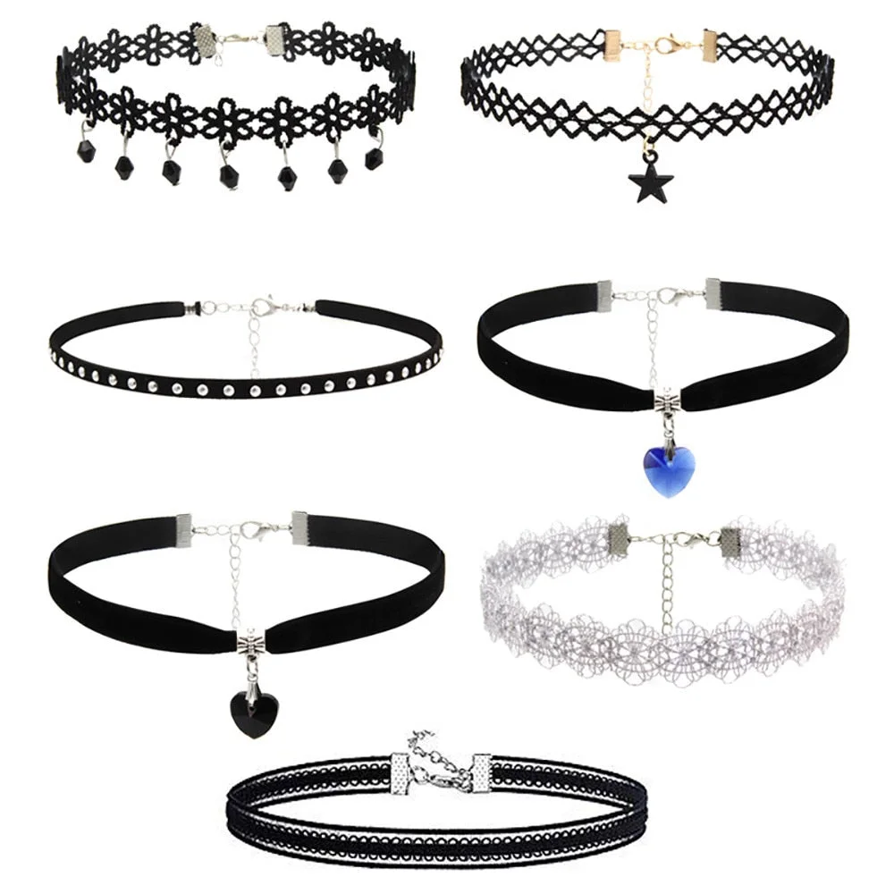 7 Pieces Choker Necklace Set Stretch Velvet Classic Gothic Tattoo Lace Choker Necklaces Pendants Femme Chain Jewelry Gifts 2021