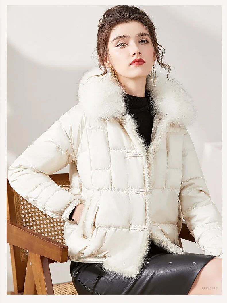 FTLZZ Winter Vintage Button Real Fox Fur Collar Down Jacket Women 90% Duck Down Jacket Female Snow Thick Warm Irregular Outwear
