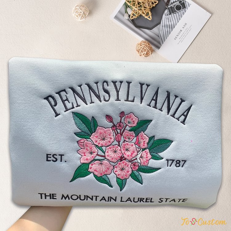TOSCUSTOM™ Embroidered Pennsylvania 1787 Mountain Laurel Flower Sweatshirt Hoodie