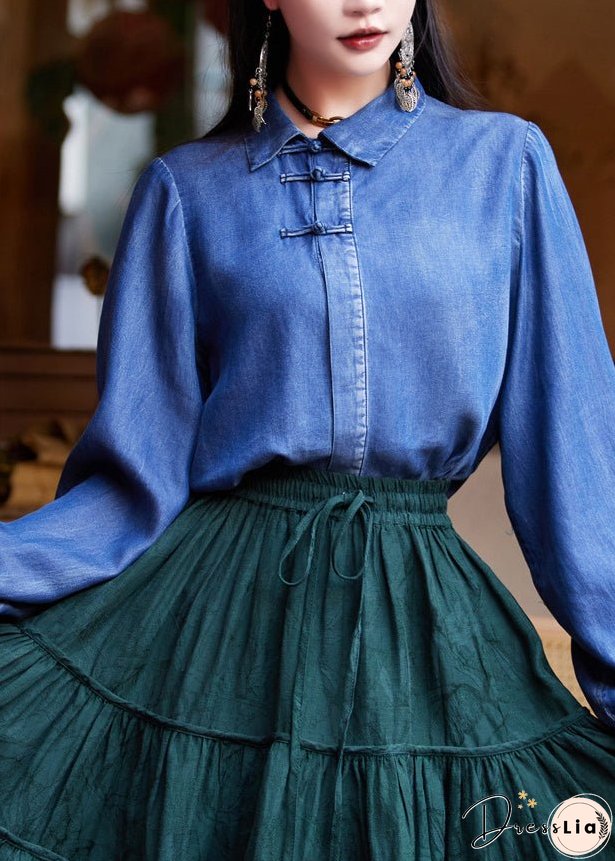 Women Blue Peter Pan Collar Patchwork Button Silk Cotton Denim Shirt Long Sleeve