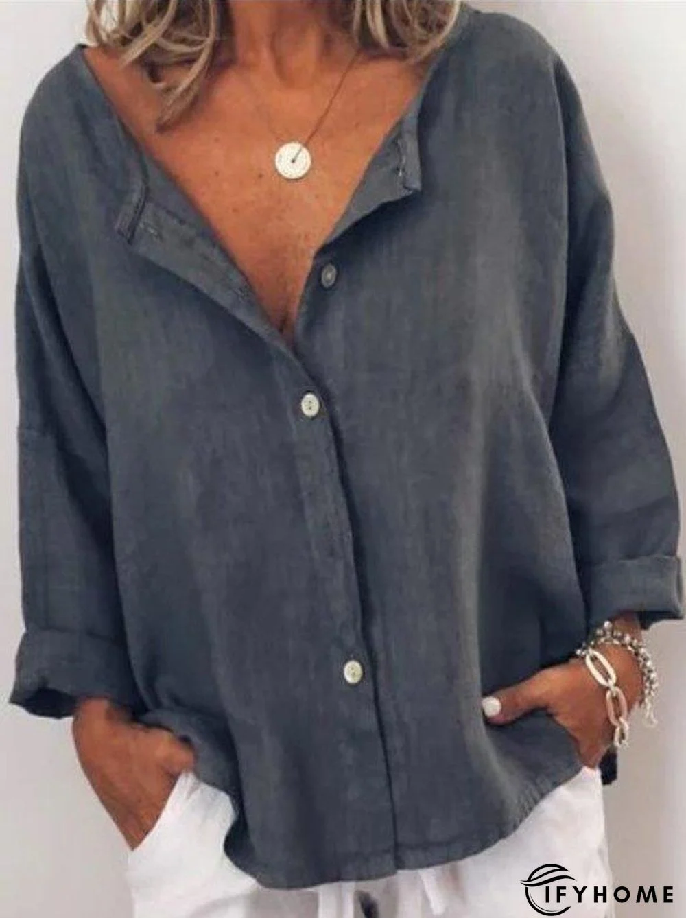 Casual Solid V Neck Long Sleeve Buttoned Tops Linen | IFYHOME