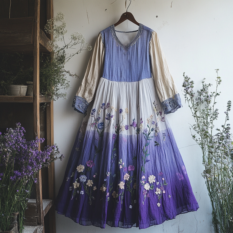 Vintage Boho Lavender Gradient Art Linen V-neck Maxi Dress