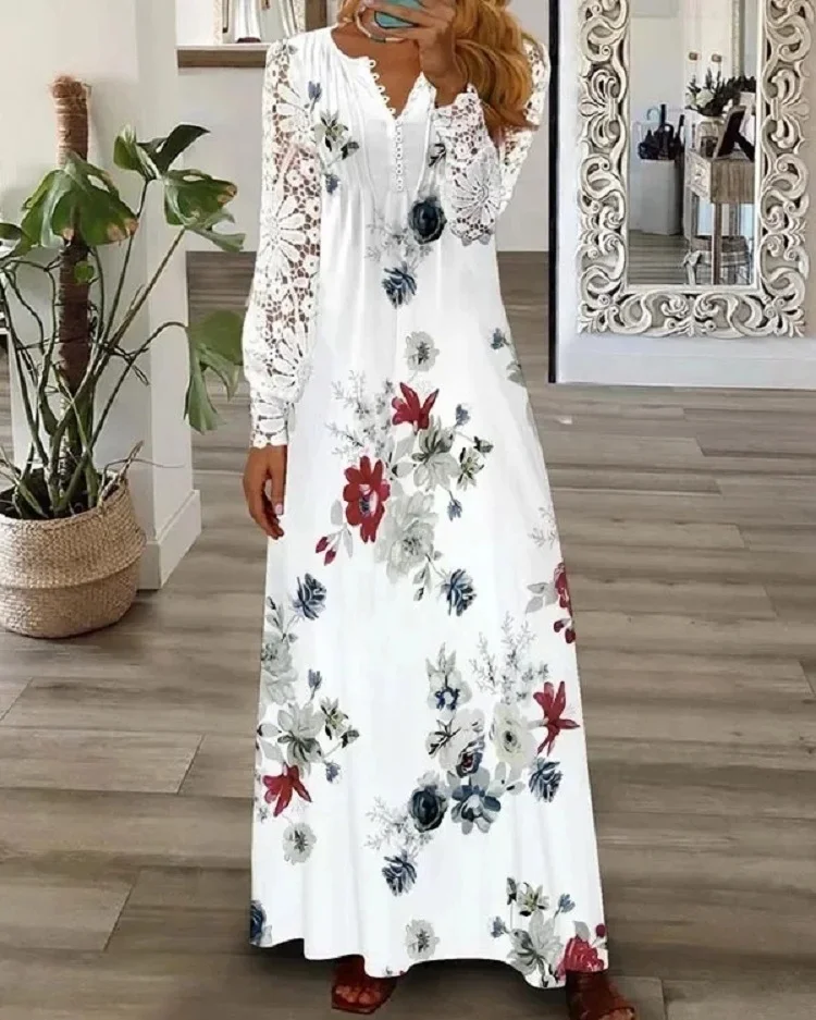 Casual Paneled Lace Rose Long-Sleeved Dress