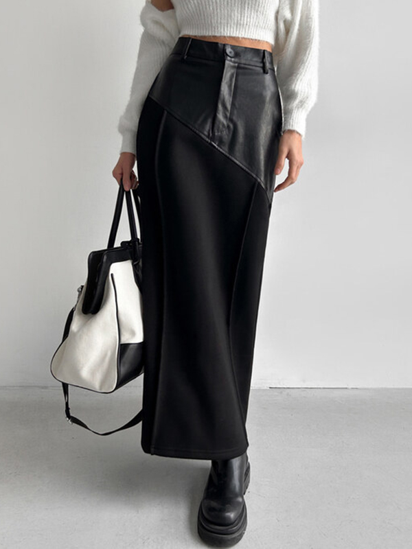 High Waist PU Leather Patchwork Skirt