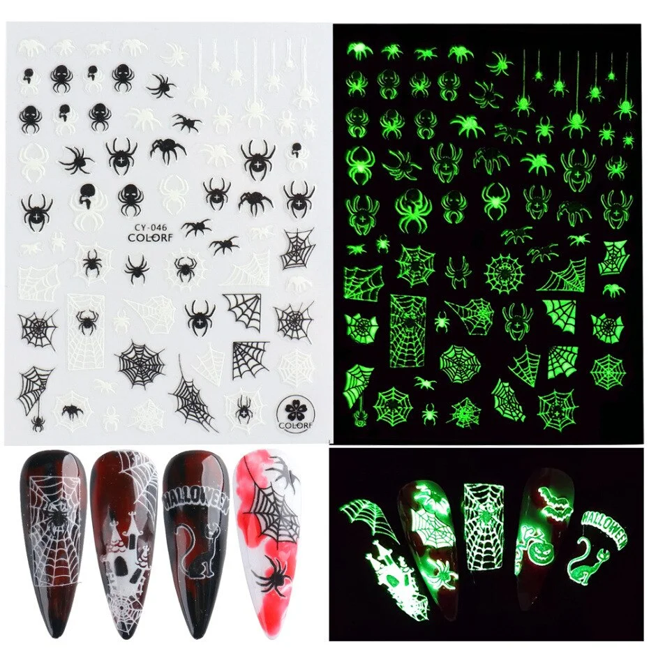 Nail Stickers Back Glue Fluorescent Light Halloween Pumpkin Imp Smiley Designs Nail Decal Decoration Tips For Beauty Salons