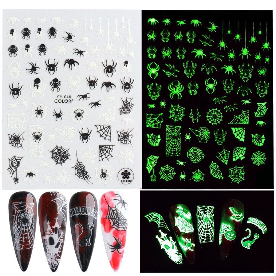 Nail Stickers Back Glue Fluorescent Light Halloween Pumpkin Imp Smiley Designs Nail Decal Decoration Tips For Beauty Salons
