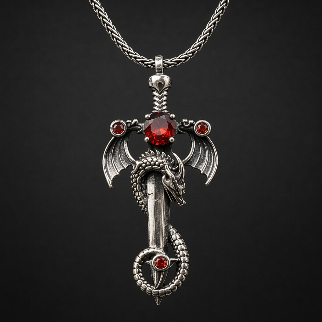 Pure Pewter Vintage Dragon Sword with Ruby Pendant Necklace 