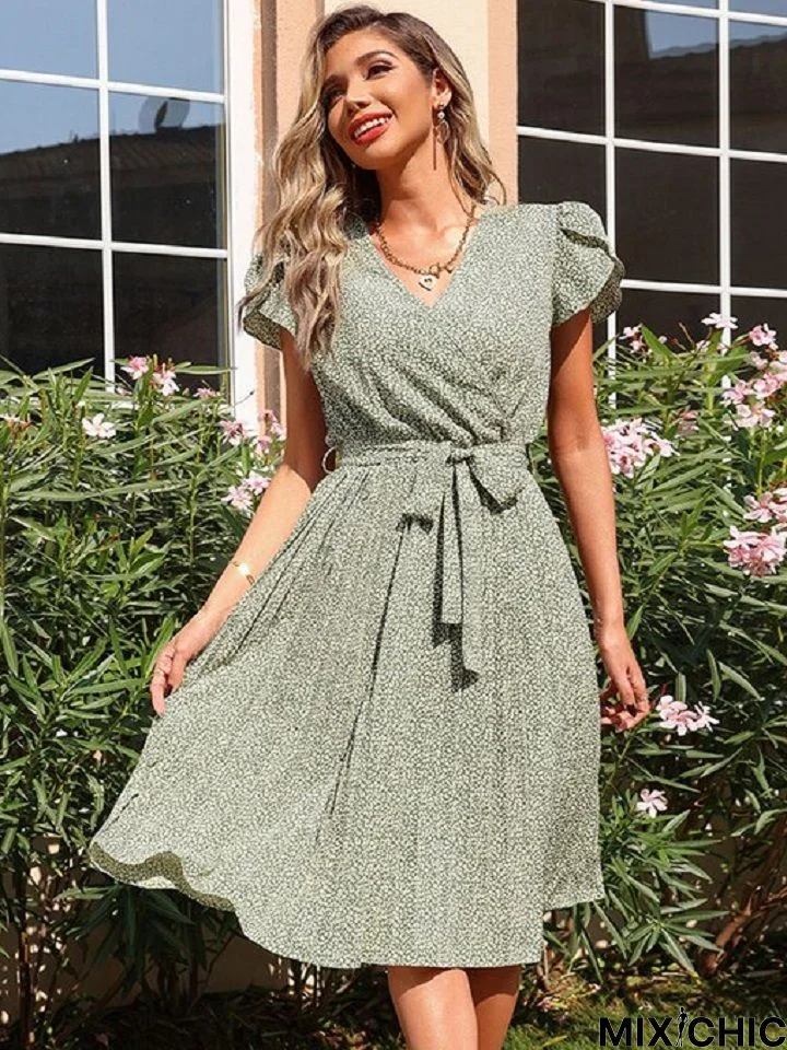 Green Printed Pleated V-Neck Dress