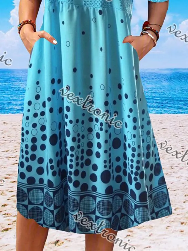 Women Casual Short Sleeve Scoop Neck Polka Dot Lace Midi Dress