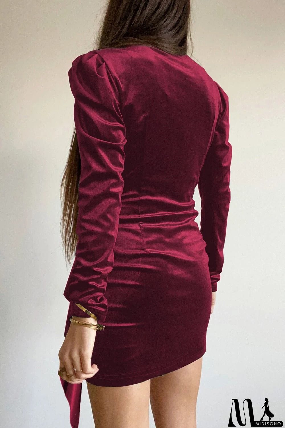 MidiSono - Wrap V Neck Long Sleeve Ruched Velvet Mini Dress