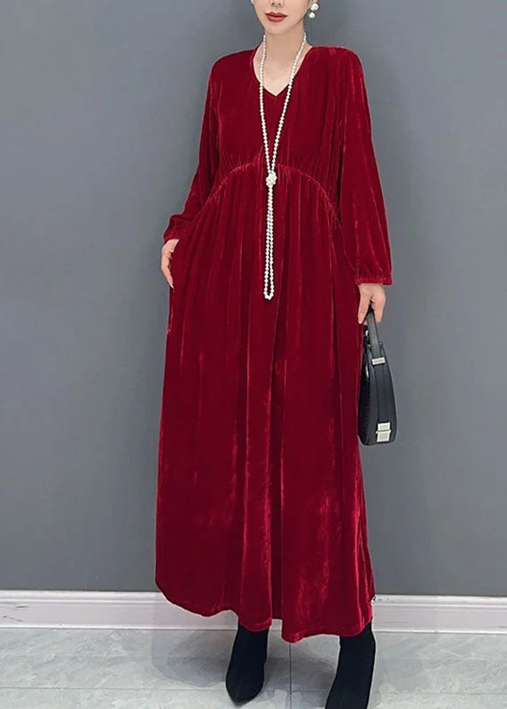 Boutique Red Patchwork Silk Velour Long Dresses Fall