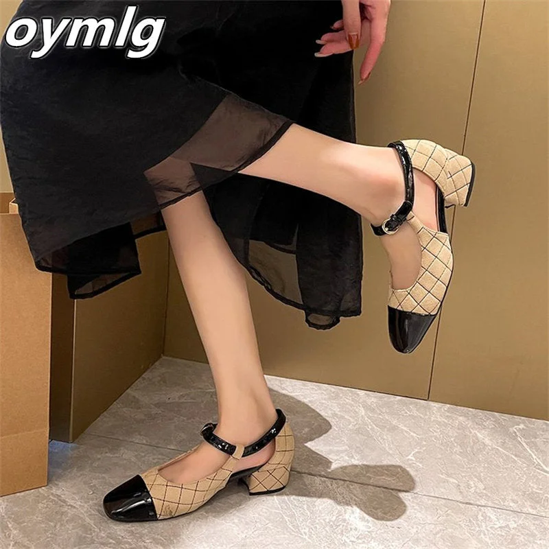vstacam 2023 New Small Fragrance Soft Leather Diamond Square Head Thick Heel Back Hollow One Word Buckle Mary Jane Single Shoes Women