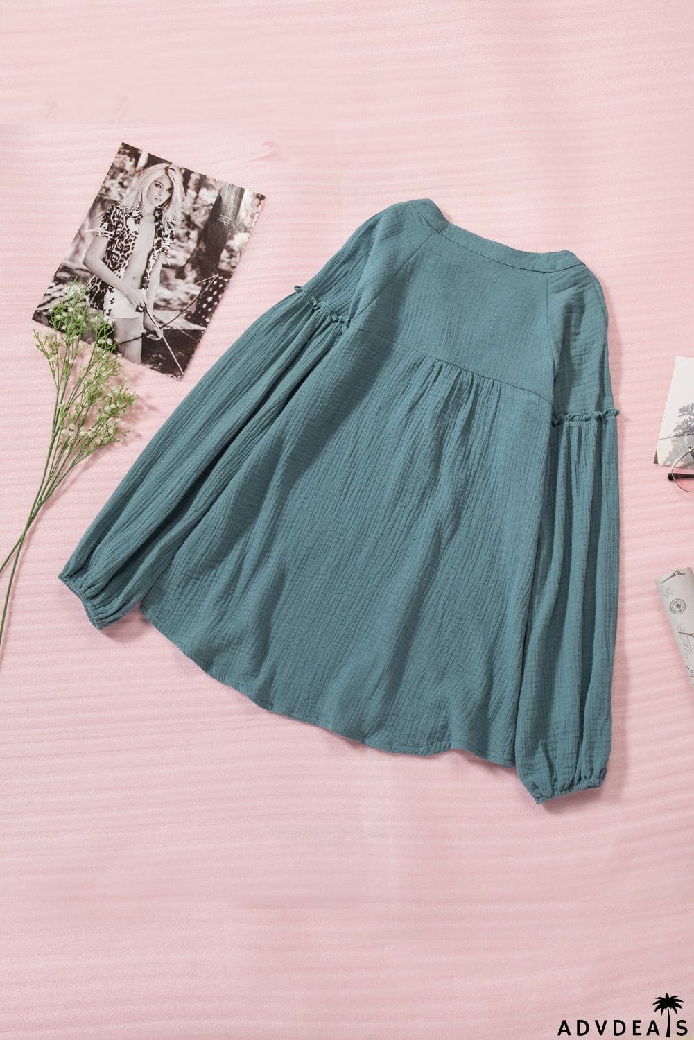 Casual Balloon Sleeve Crinkled Top