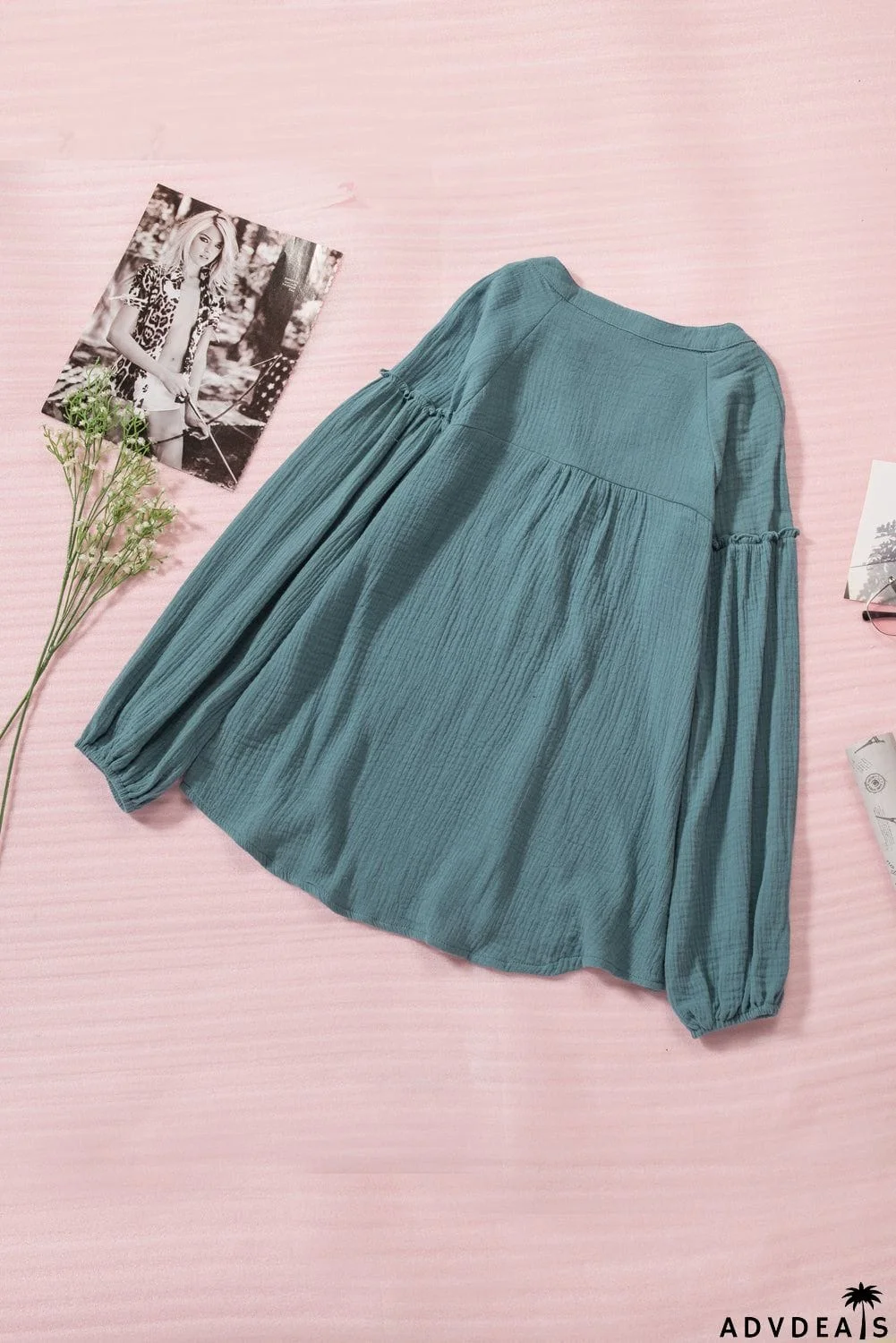 Casual Balloon Sleeve Crinkled Top