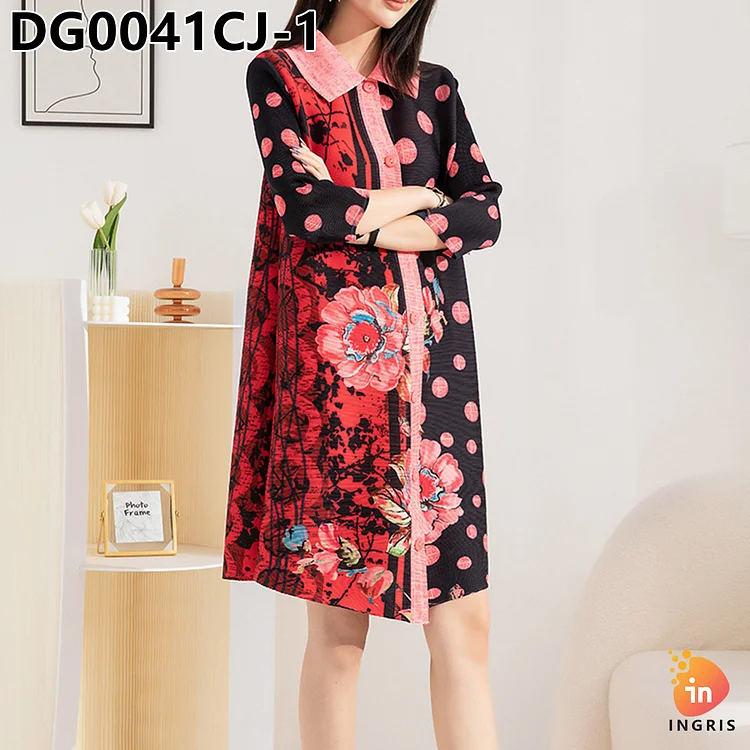 Vintage Belted Slim Fit Pleated Midi Dress Women's Lantern Sleeve Empire Print Lace Dress Purple Red Yellow-DG00041CJ