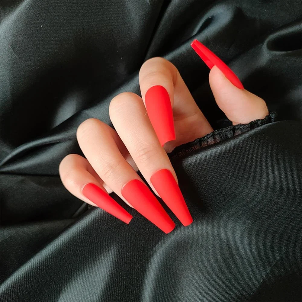 24Pcs Detachable False Nails Long Ballerina Artificial Fake Nails Full Cover Jelly Red Coffin Nail Tips DIY Manicure Tool 0917-Nail Inspo