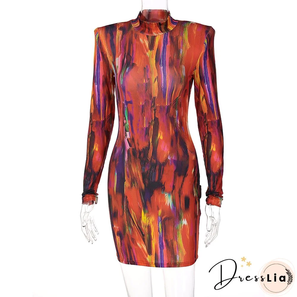Chicology Women Tie Dye Print Women Long Sleeve Mini Dress Shoulder Pad Bodycon Sexy Streetwear Party Clothes Y2K Outfits