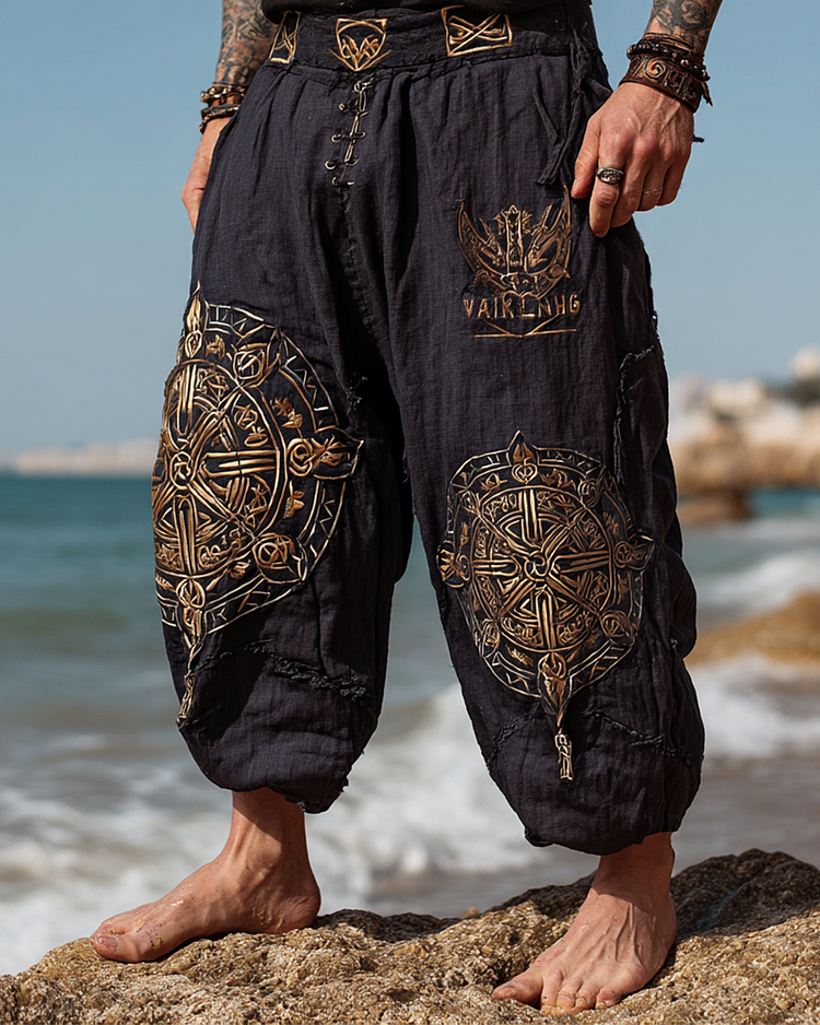 Men's casual Viking mysterious shield 3D embroidered linen pants d680