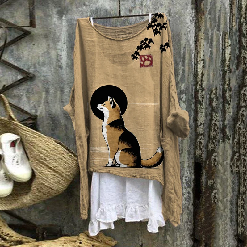 Vintage Sunset Shiba Inu Dog Japanese Art Print Round Neck Shirt