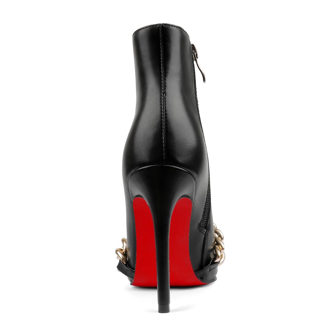 Women's Closed Pointed Toe Chain Studded Stiletto Ankle Boots Red Bottom Heels-MERUMOTE
