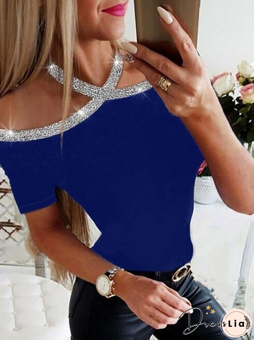 Women's T shirt Solid Colored Round Neck Tops Basic Top Black Wine Royal Blue-830