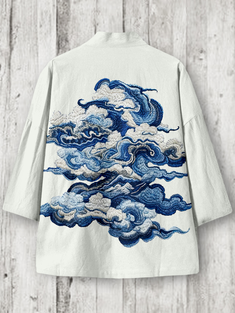 Comstylish Men's Japanese Cloud Embroidered Linen Blend Kimono Cardigan