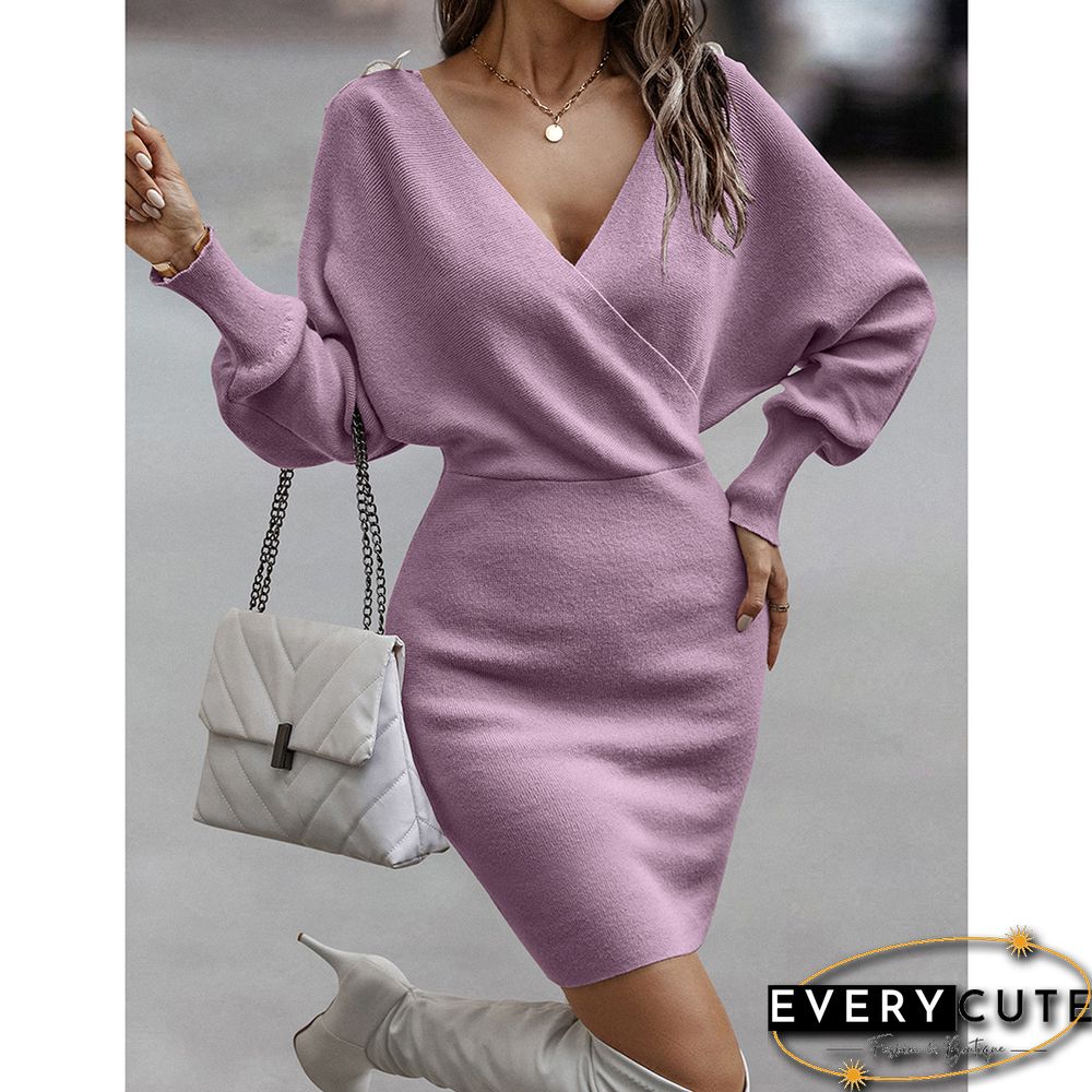 Pink V Neck Sweater Dress with White Lace Trim in Back
