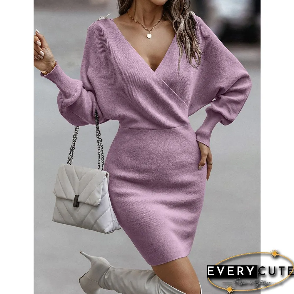 Pink V Neck Sweater Dress with White Lace Trim in Back
