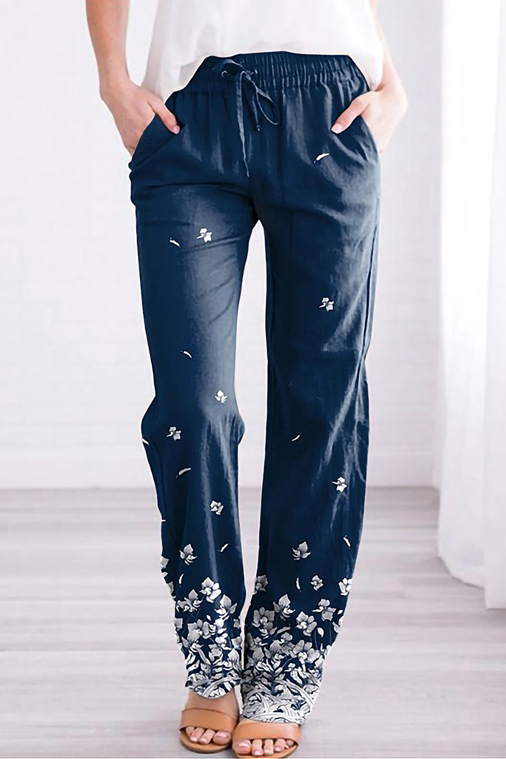 Flycurvy Plus Size Casual Navy Blue Cotton And Linen Floral Print Pocket Elastic Strap Pants 2024 - Flycurvy 