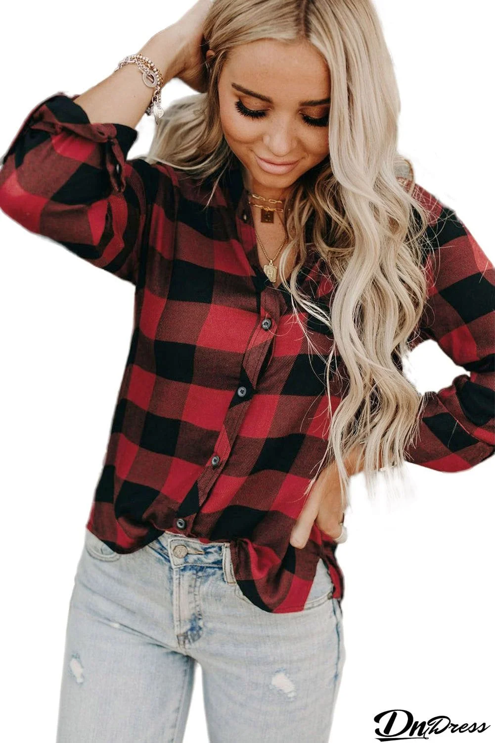 Buffalo Plaid Button Pocket Blouse