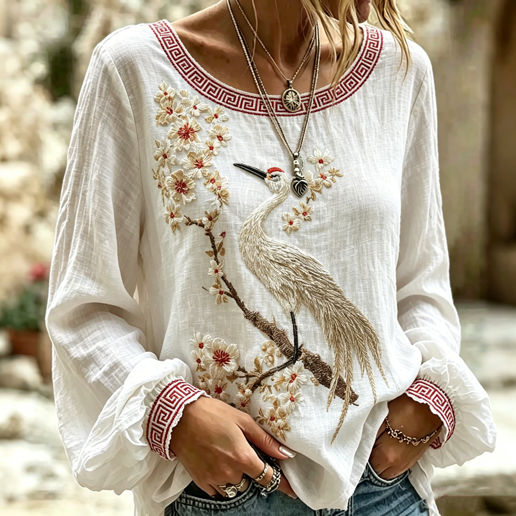 Women's Retro Sakura And Crane Art Print Casual Long-sleeve T-shirt elevenforest