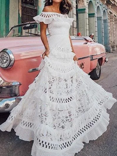 Off shoulder hollowed-out white lace swing dress
