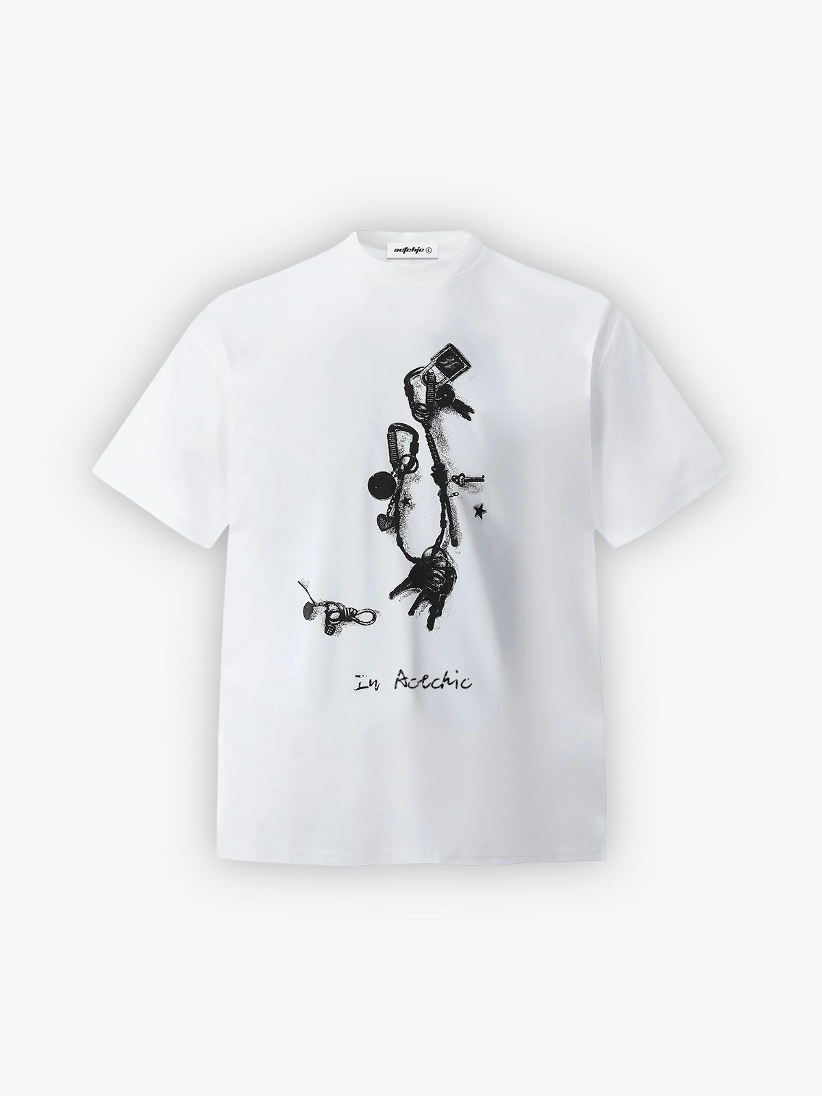 White Act Chic 3D Keychain Graphic Print Tee Front