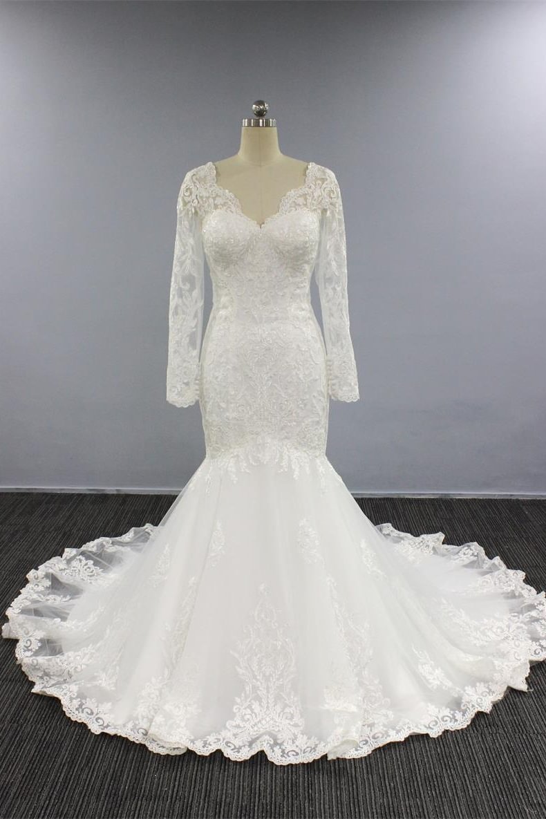 Daisda White Long Sleeves V Neck Tulle Wedding Dress Mermaid A Line With Appliques  Daisda