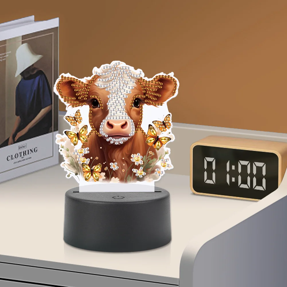 5D DIY Acrylic Cow Double Sided Diamond Painting LED Night Light for Adults